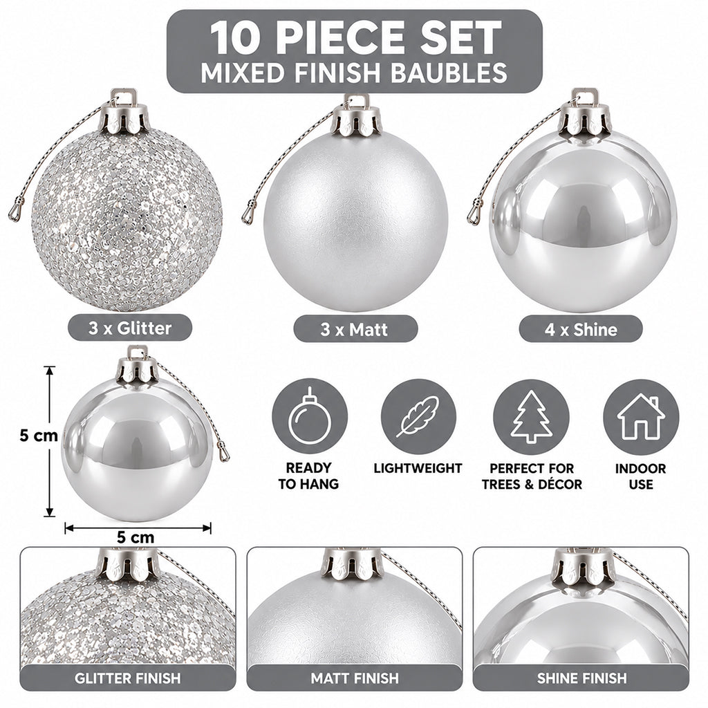 5cm Christmas Baubles - 10 Piece - Silver