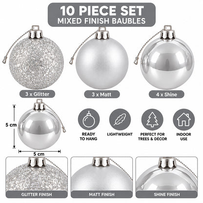 5cm Christmas Baubles - 10 Piece - Silver