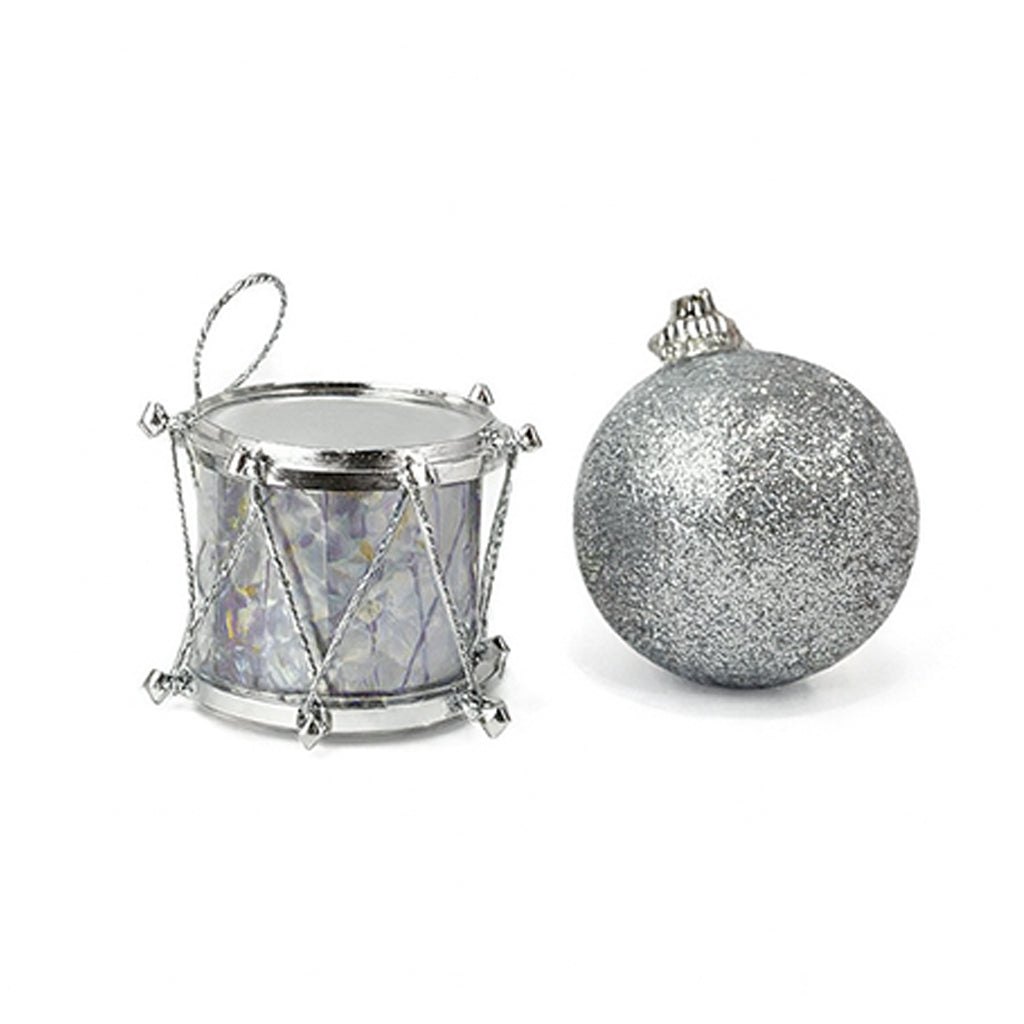 Mini Silver Christmas Baubles & Drums - 20pc Set