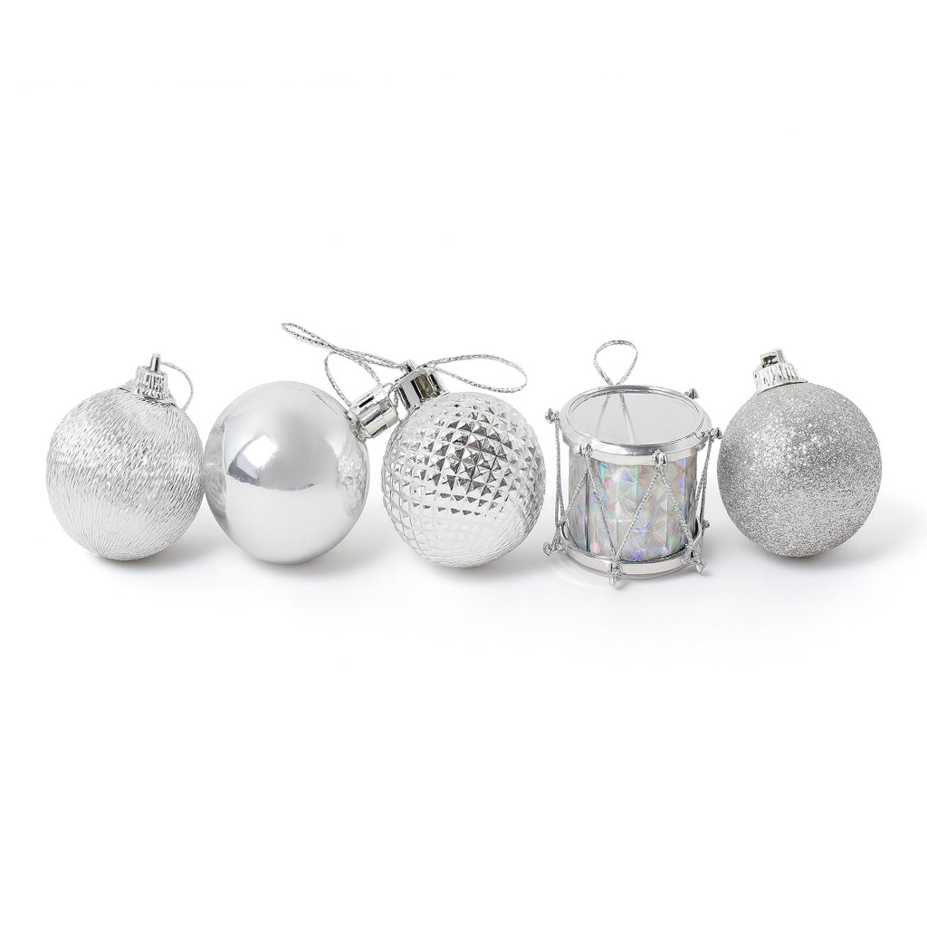 Mini Silver Christmas Baubles & Drums - 20pc Set