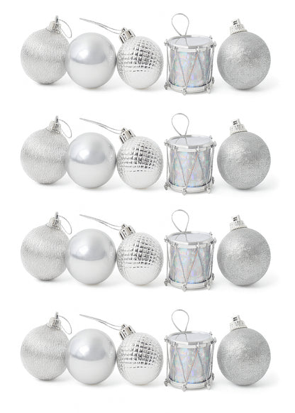 Mini Silver Christmas Baubles & Drums - 20pc Set