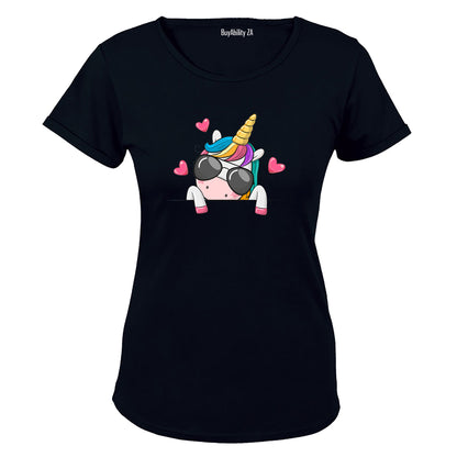 Sunglasses Peeking Unicorn - Ladies - T-Shirt