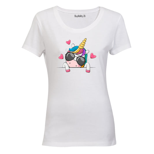 Sunglasses Peeking Unicorn - Ladies - T-Shirt