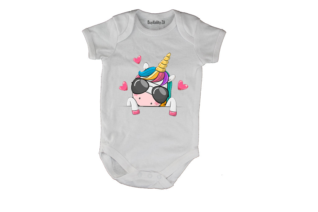 Sunglasses Peeking Unicorn - Baby Grow