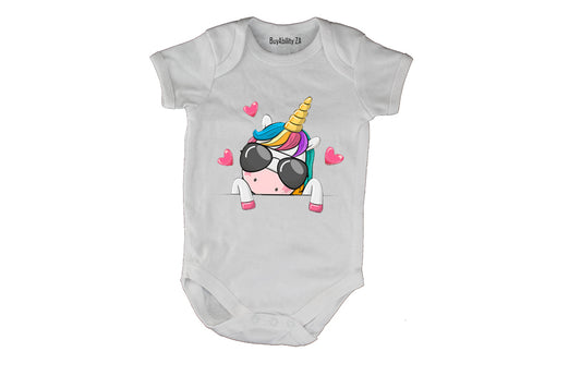 Sunglasses Peeking Unicorn - Baby Grow