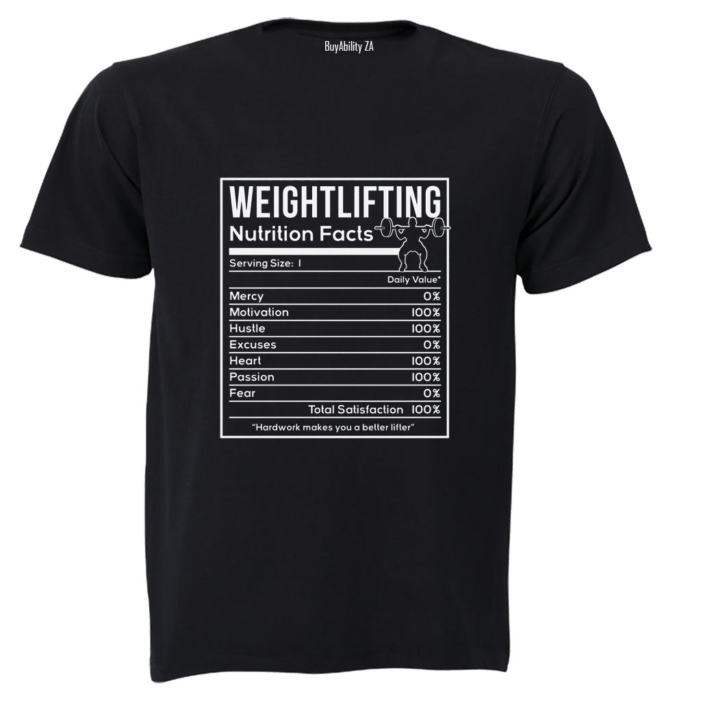 Weightlifting - Nutrition Facts - Adults - T-Shirt - BuyAbility South Africa