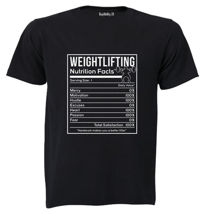 Weightlifting - Nutrition Facts - Adults - T-Shirt - BuyAbility South Africa