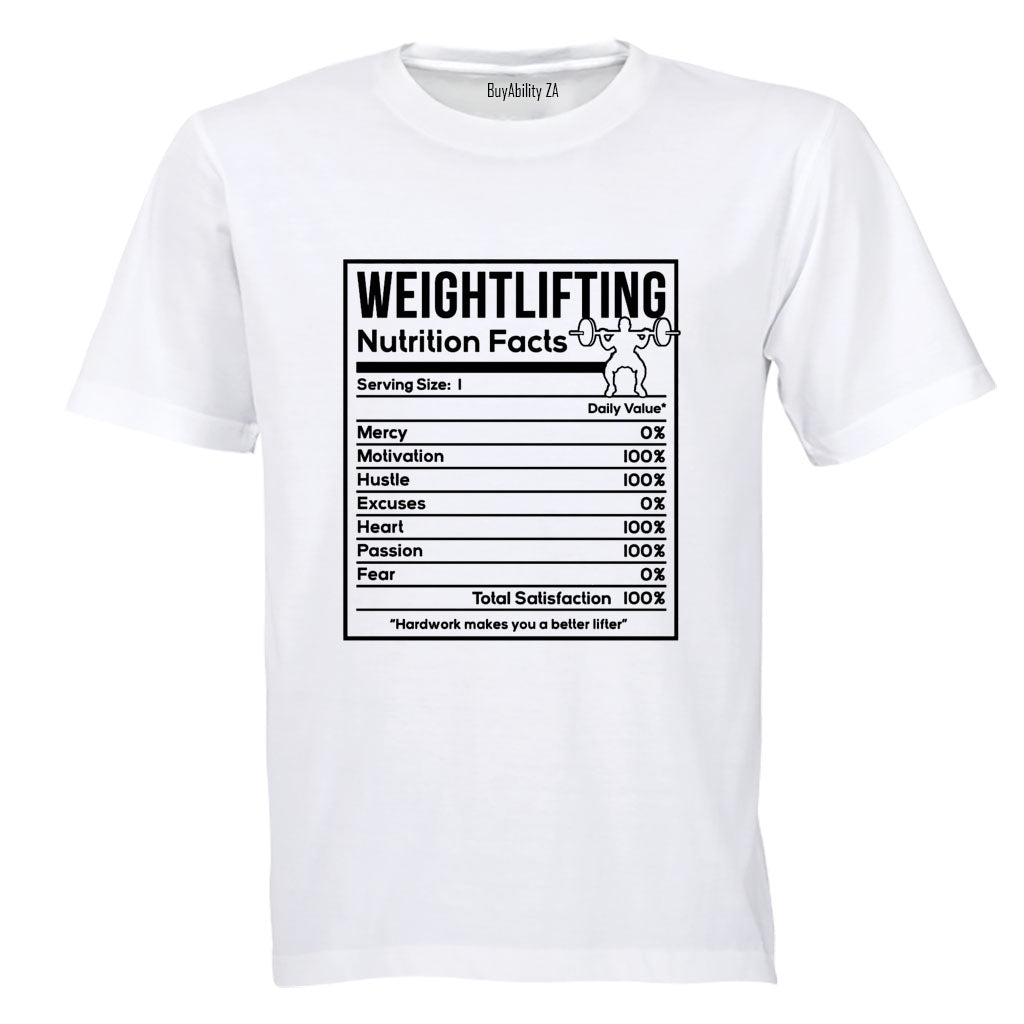 Weightlifting - Nutrition Facts - Adults - T-Shirt - BuyAbility South Africa