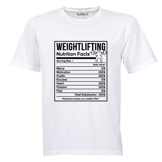 Weightlifting - Nutrition Facts - Adults - T-Shirt - BuyAbility South Africa
