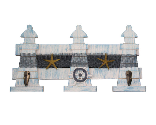 Nautical Wooden Key Hook Display - Wheel and Starfish - BuyAbility