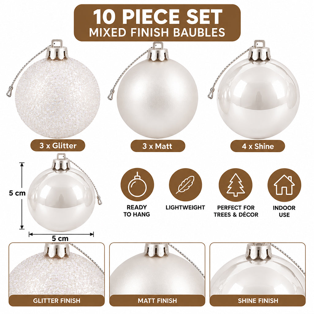 5cm Christmas Baubles - 10 Piece - White