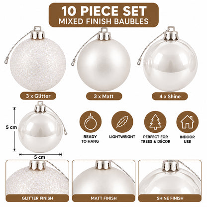 5cm Christmas Baubles - 10 Piece - White