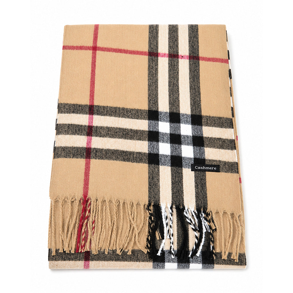 Beige Tartan Cashmere Scarf with Fringe Detail - BuyAbility