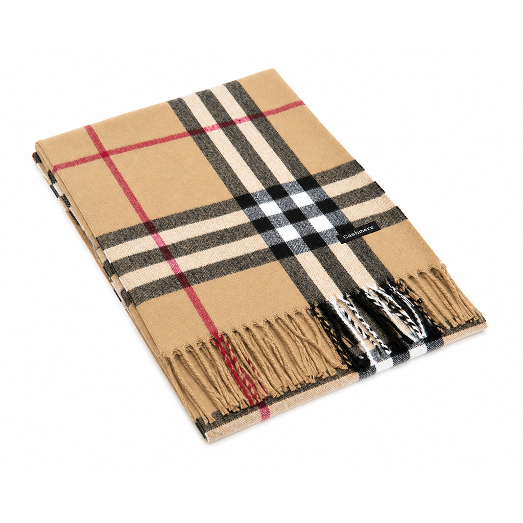 Beige Tartan Cashmere Scarf with Fringe Detail - BuyAbility