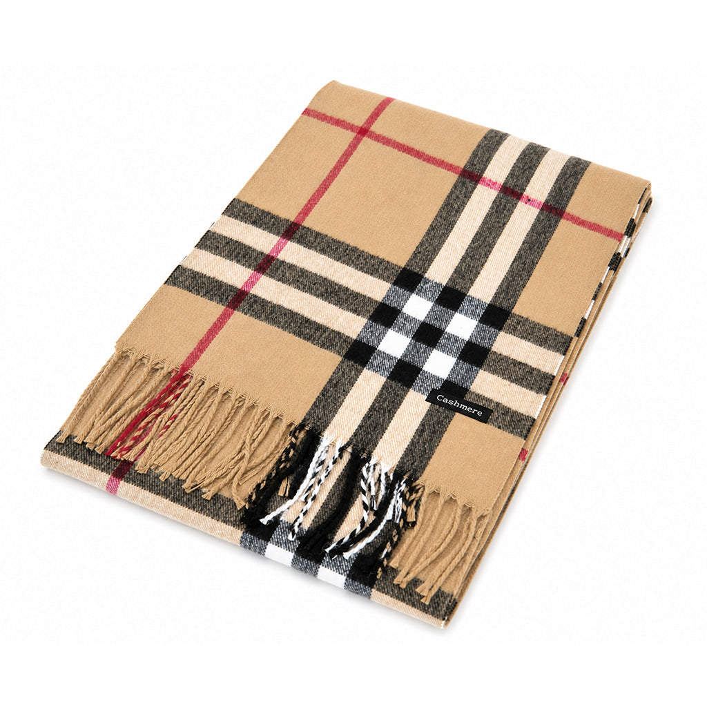 Beige Tartan Cashmere Scarf with Fringe Detail - BuyAbility