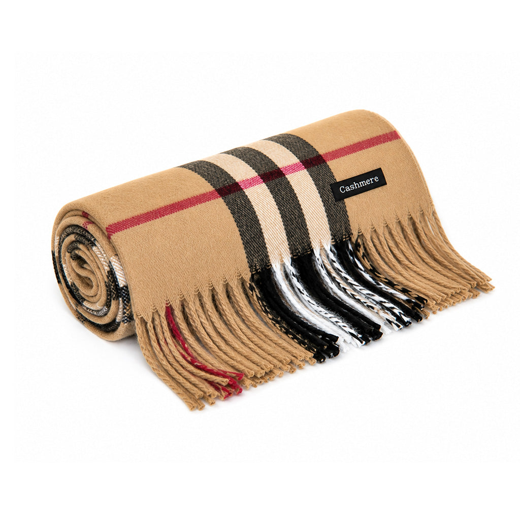 Beige Tartan Cashmere Scarf with Fringe Detail - BuyAbility