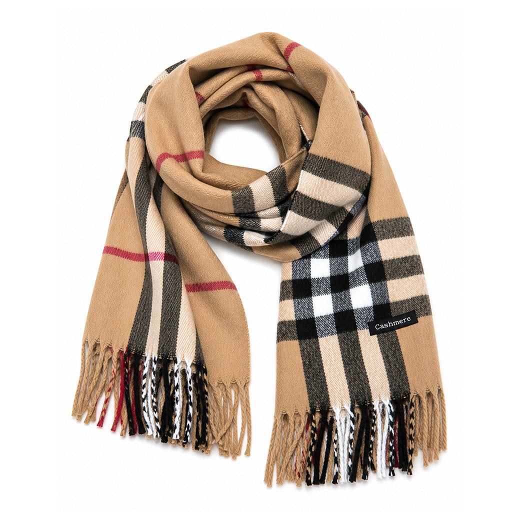 Beige Tartan Cashmere Scarf with Fringe Detail - BuyAbility