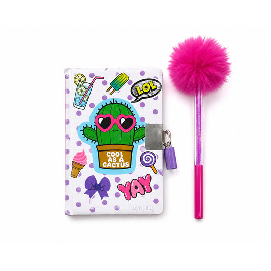 Mini Cactus Diary with Lock & Key + Fluffy Marabou Pen