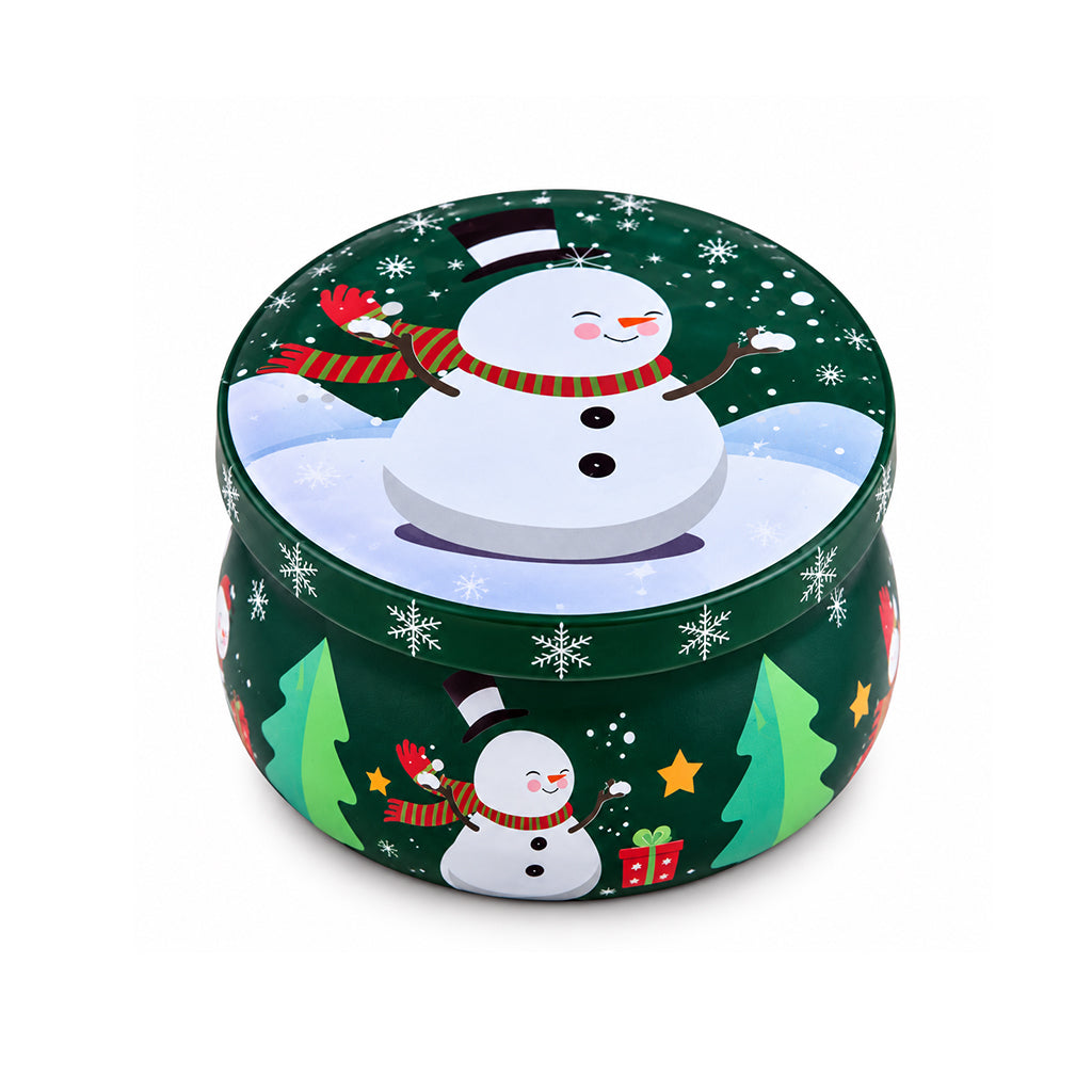 Festive Christmas Snowman Candle in Green Decorative Tin