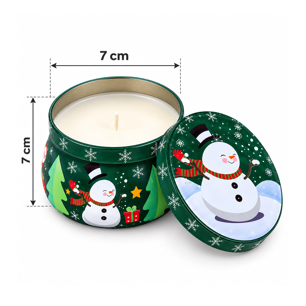 Festive Christmas Snowman Candle in Green Decorative Tin