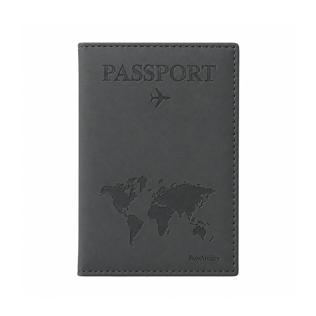 Travel Passport Cover with World Map Design - Dark Grey