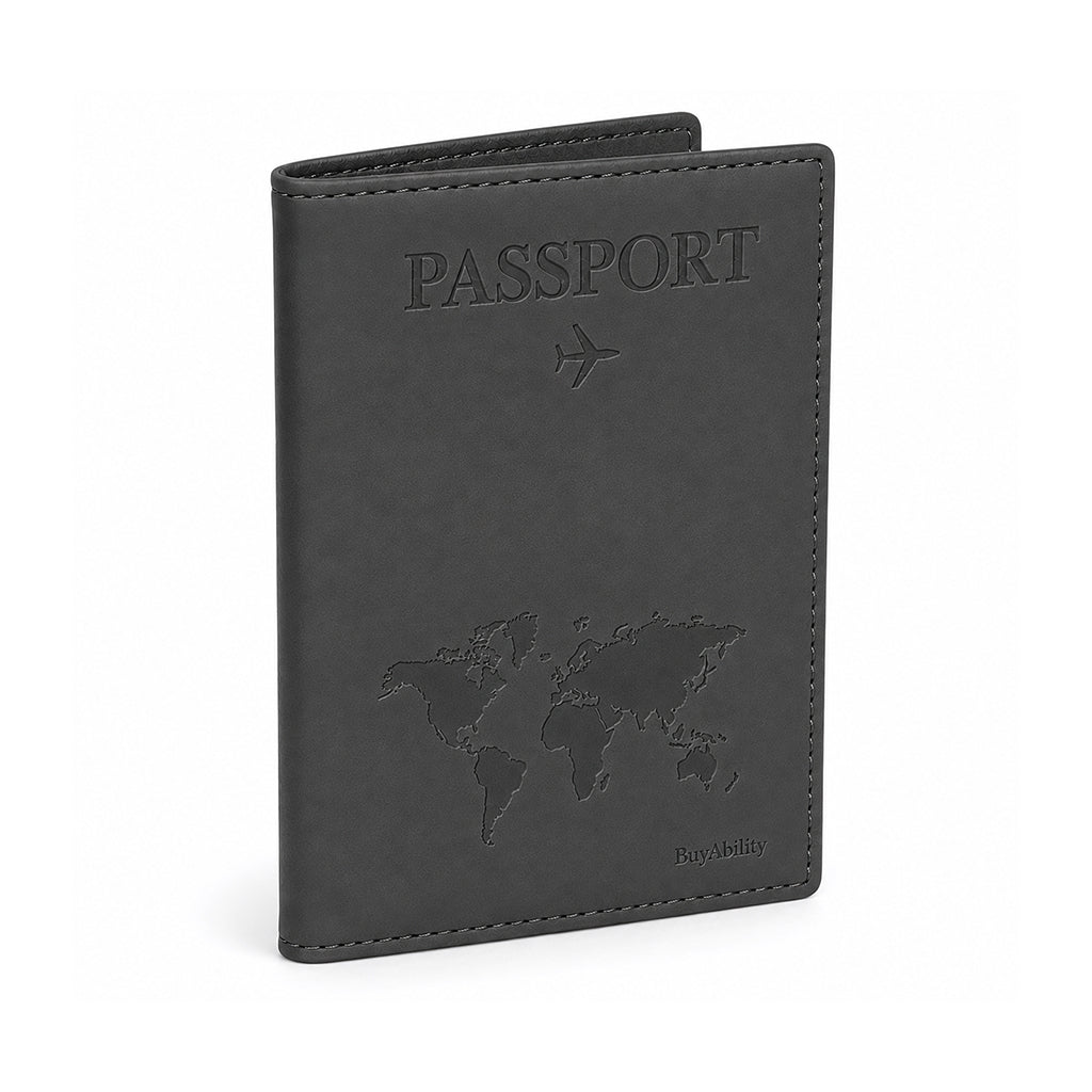 Travel Passport Cover with World Map Design - Dark Grey