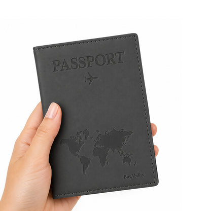Travel Passport Cover with World Map Design - Dark Grey