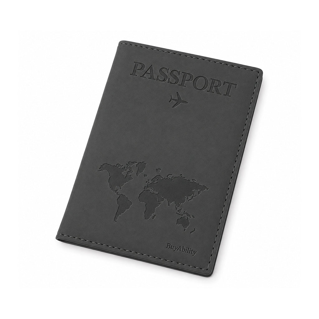 Travel Passport Cover with World Map Design - Dark Grey