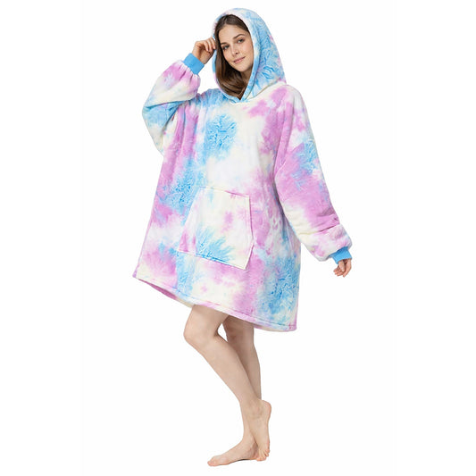 Over-sized Tie Dye Blue Purple and Yellow Fleece Hoodie - One Size - BuyAbility