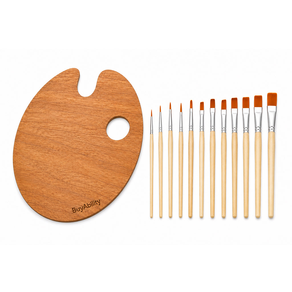 13-Piece Artist Paint Brush & Wooden Palette Set