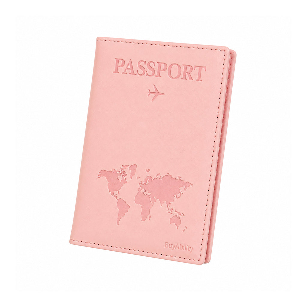 Travel Passport Cover with World Map Design - Peach Pink