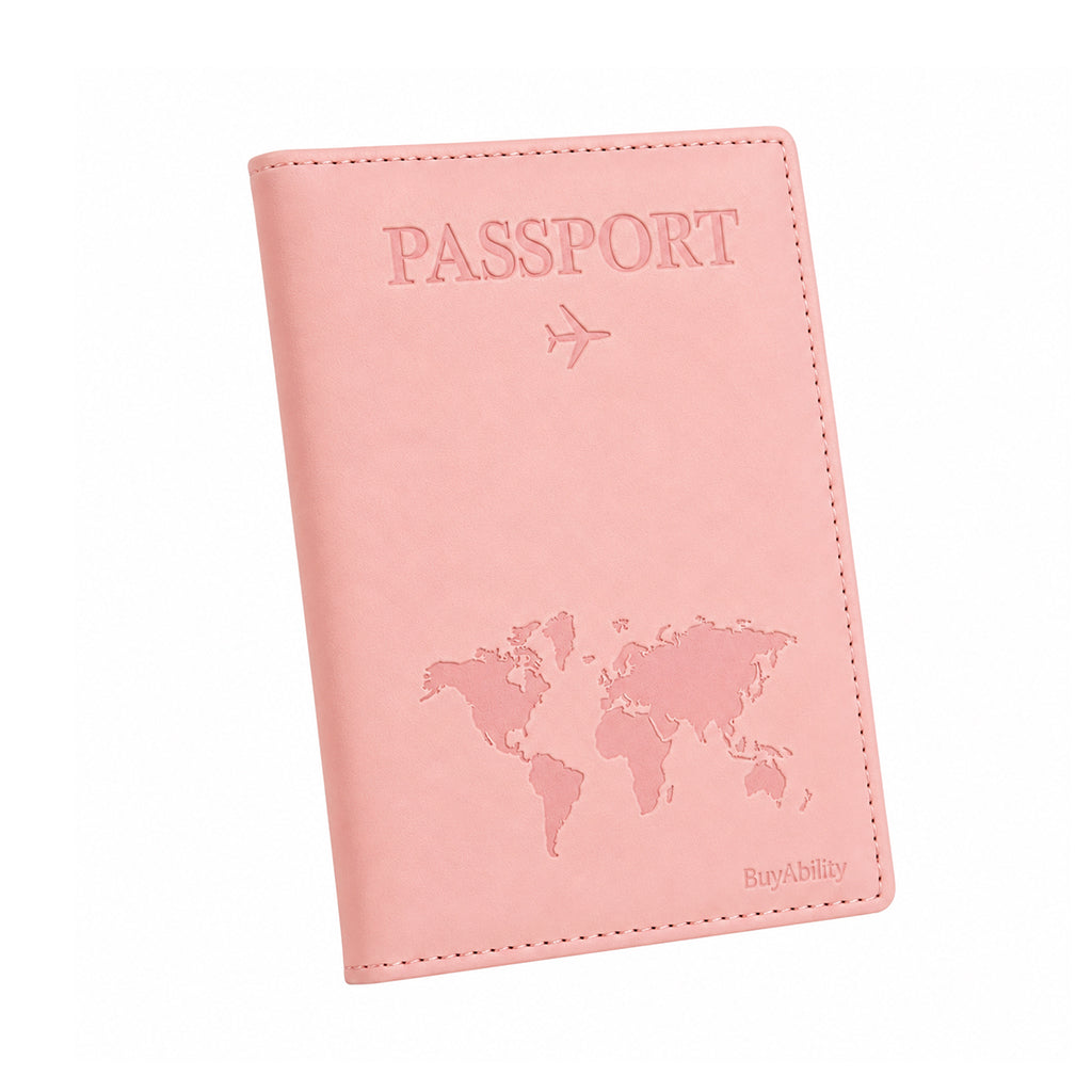 Travel Passport Cover with World Map Design - Peach Pink