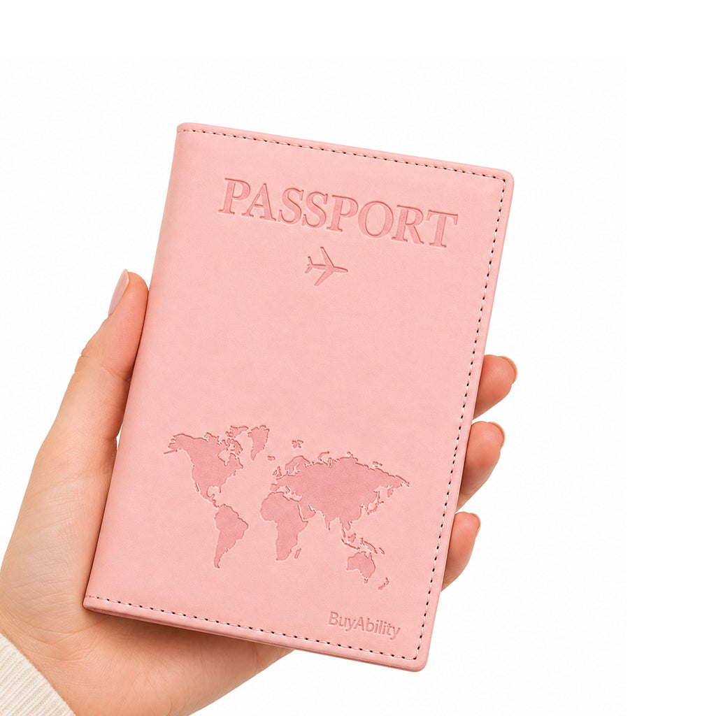 Travel Passport Cover with World Map Design - Peach Pink