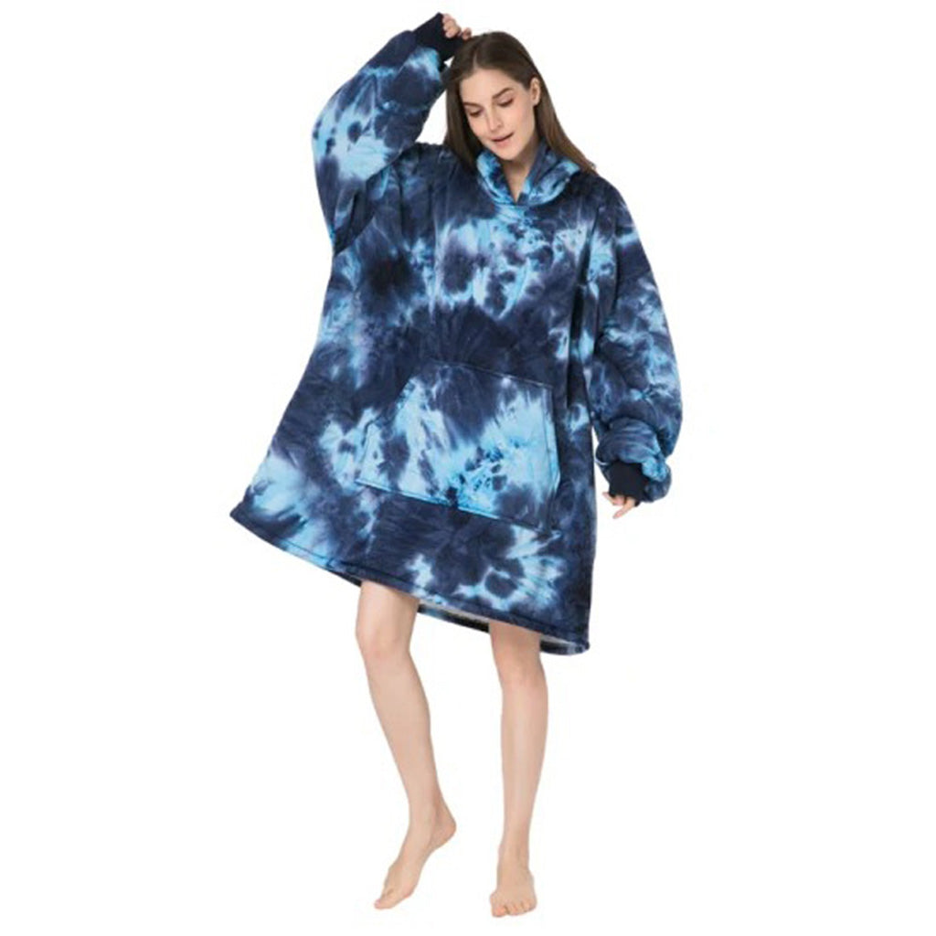 Over-sized Tie Die Blue Fleece Hoodie - One Size