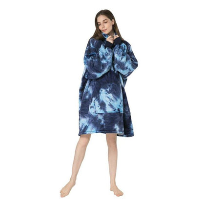 Over-sized Tie Die Blue Fleece Hoodie - One Size