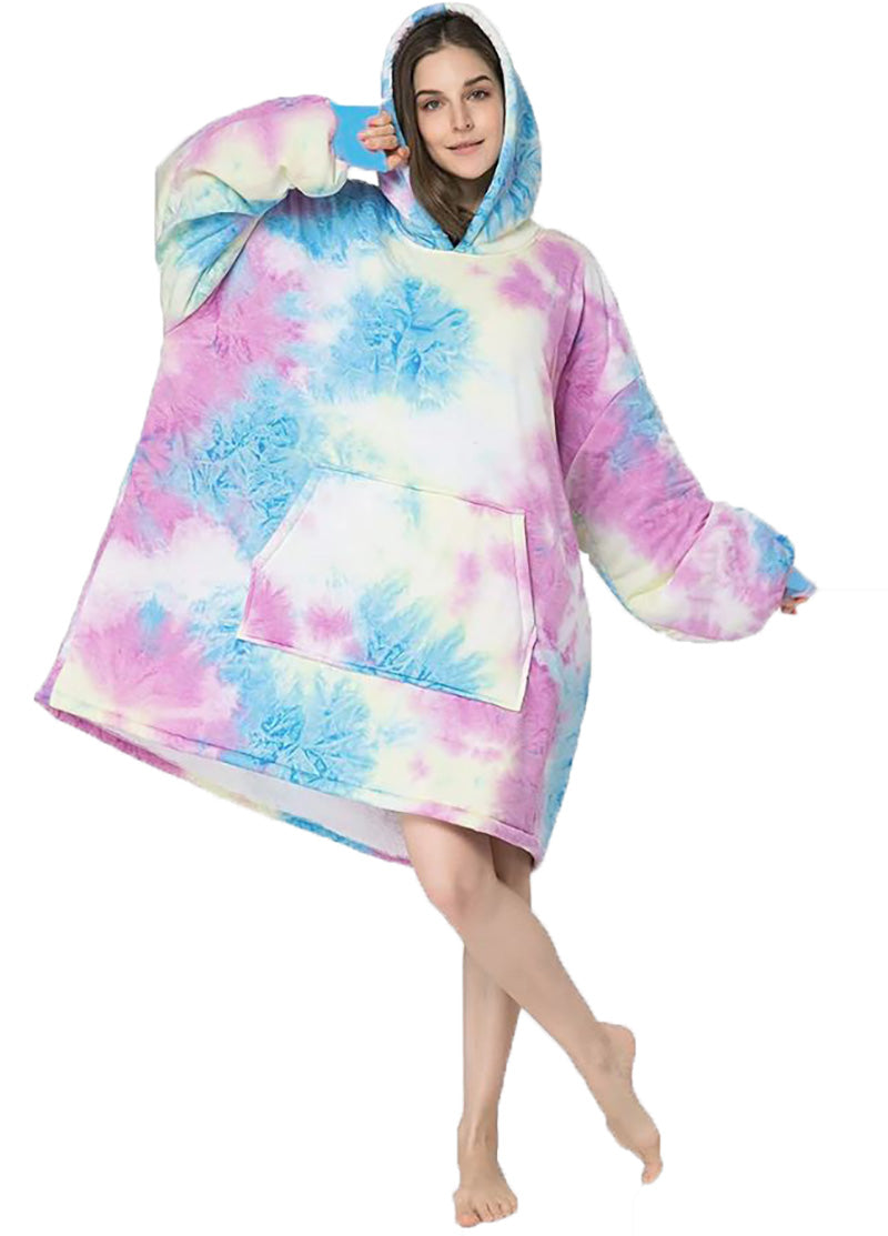 Over-sized Tie Dye Blue Purple and Yellow Fleece Hoodie - One Size