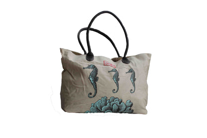 Beige Beach Bag with Sea Horse Print - BuyAbility