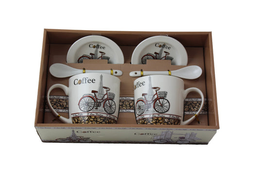 Bicycle Eiffel Tower Coffee Gift Box with 2 Printed Cups, Saucers & Spoons - BuyAbility