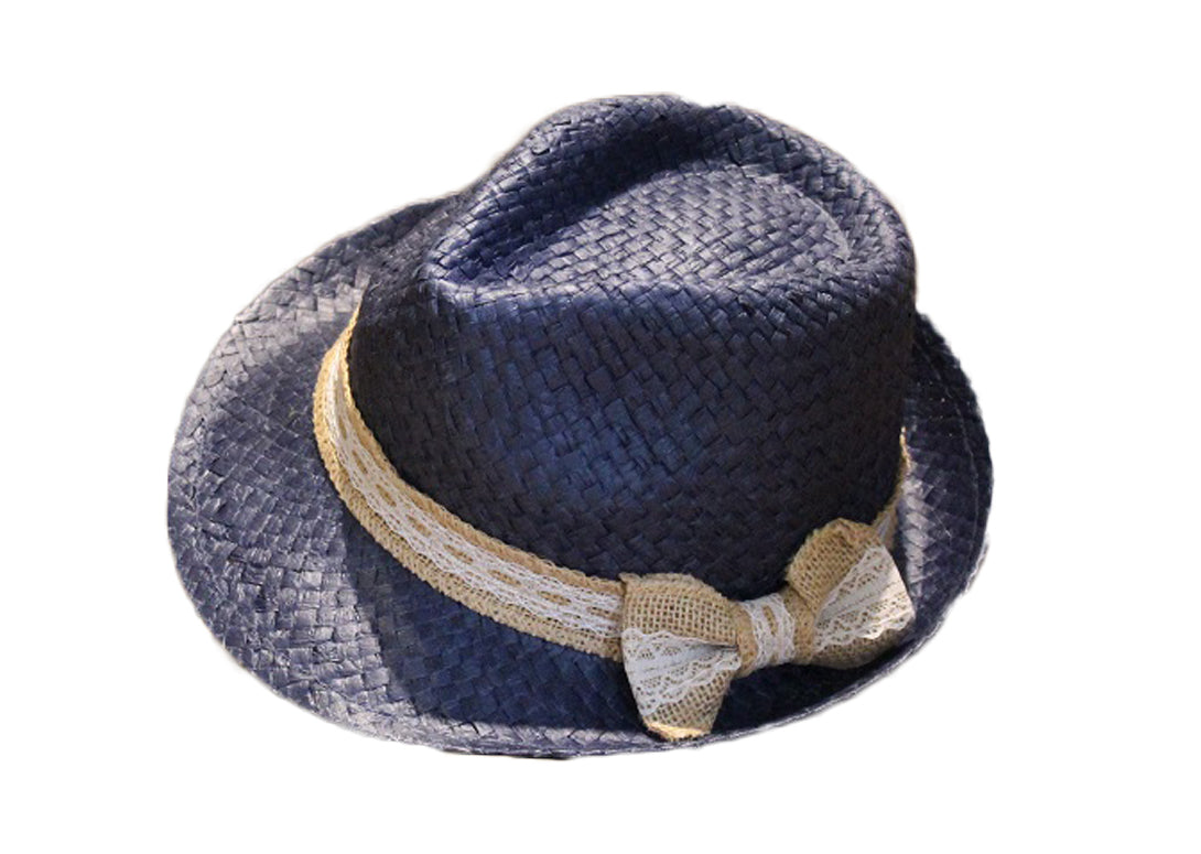 Blue Woven Bowler Hat with Rustic Bow - BuyAbility