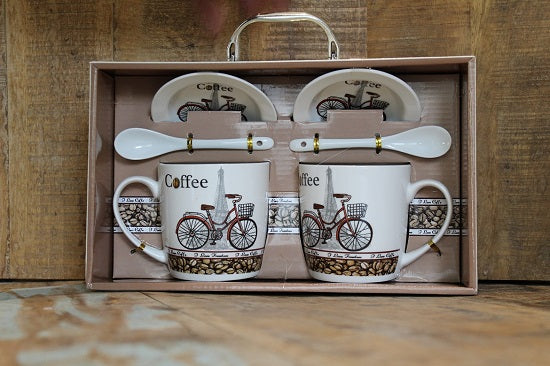 Bicycle Eiffel Tower Coffee Gift Box with 2 Printed Cups, Saucers & Spoons - BuyAbility