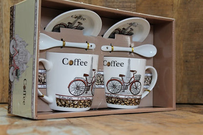Bicycle Eiffel Tower Coffee Gift Box with 2 Printed Cups, Saucers & Spoons - BuyAbility