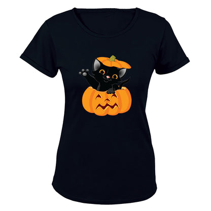 Halloween Kitten in a Pumpkin - Ladies - T-Shirt - BuyAbility South Africa