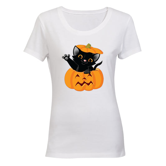 Halloween Kitten in a Pumpkin - Ladies - T-Shirt - BuyAbility South Africa