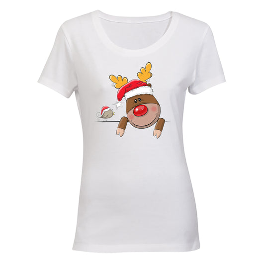 Peeking Christmas Reindeer & Bird - Ladies - T-Shirt - BuyAbility South Africa