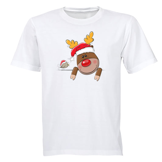 Peeking Christmas Reindeer & Bird - Kids T-Shirt - BuyAbility South Africa