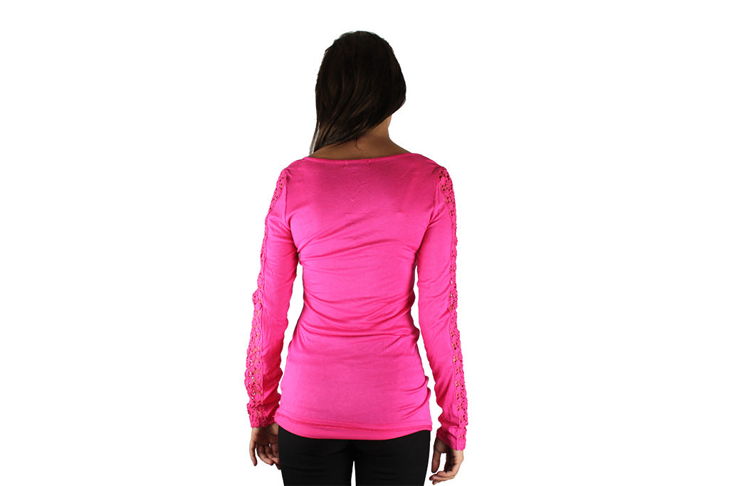 Pink Long Sleeve Top With Lace Sleeves & Gold Bar - BuyAbility