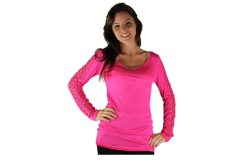 Pink Long Sleeve Top With Lace Sleeves & Gold Bar - BuyAbility