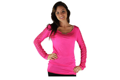 Pink Long Sleeve Top With Lace Sleeves & Gold Bar - BuyAbility