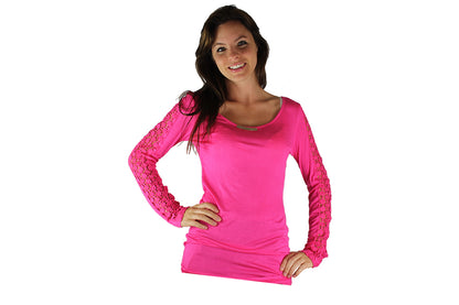 Pink Long Sleeve Top With Lace Sleeves & Gold Bar - BuyAbility