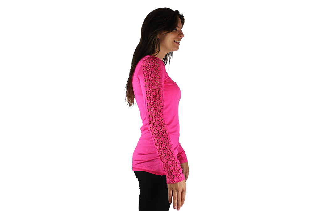Pink Long Sleeve Top With Lace Sleeves & Gold Bar - BuyAbility